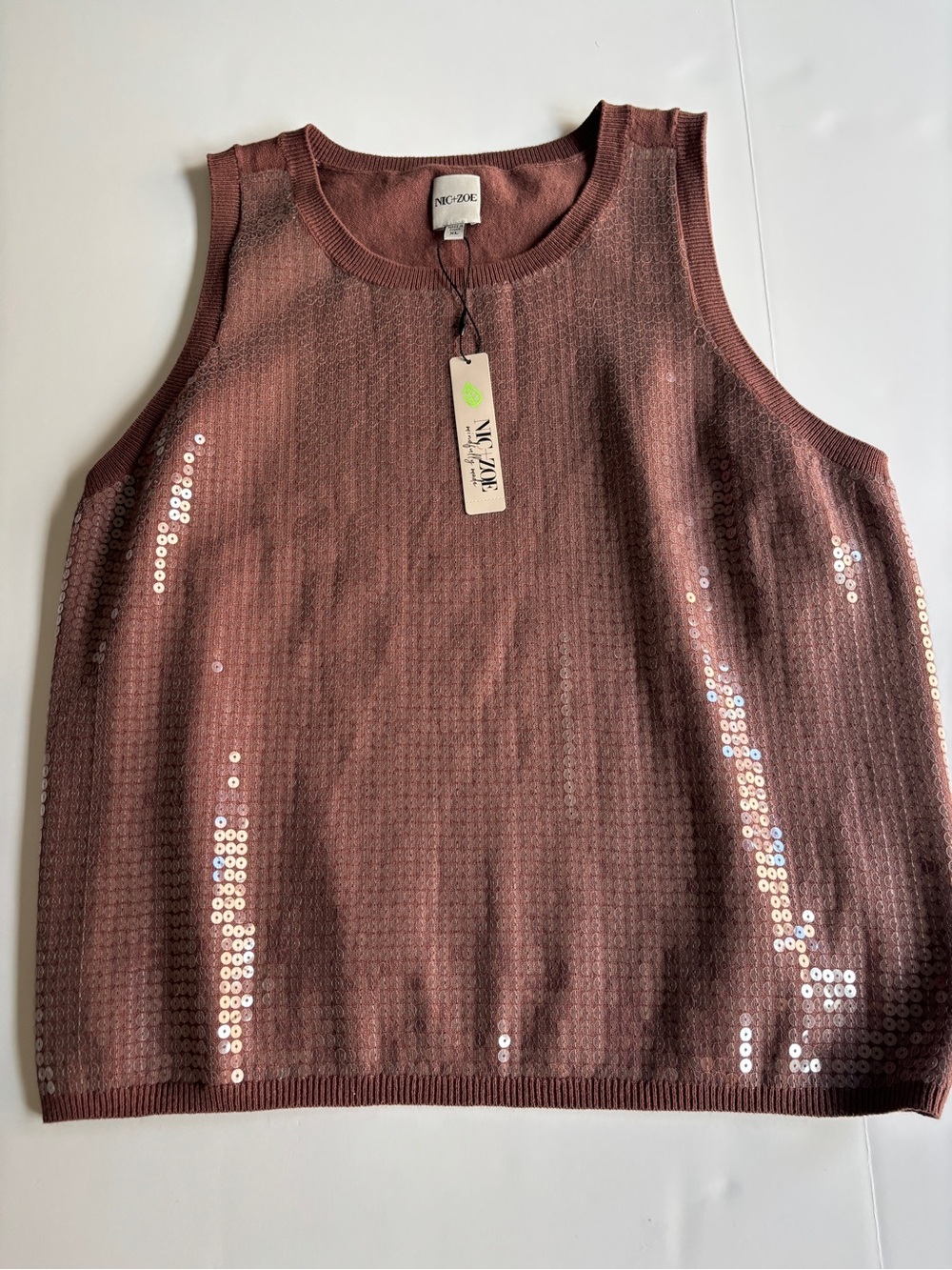 NIC+ZOE Sequin Knit Tank in Brown (Chai) Sleeveless Sweater Shell NWT - XL